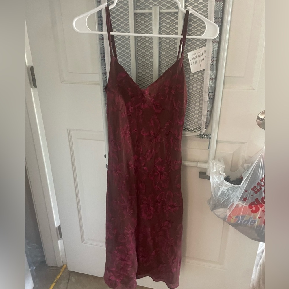 Brown and Pink Slip Dress with Hawaiian Pattern - Size S